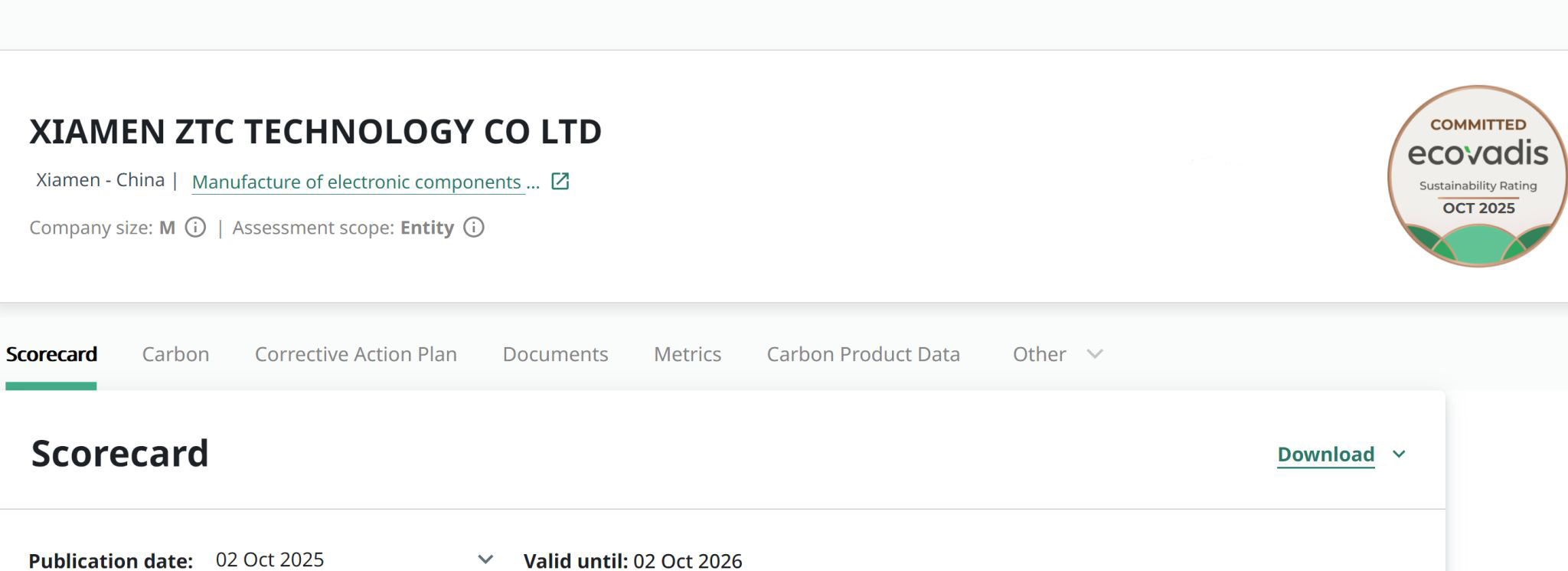 Xiamen ZTC Technology Earns EcoVadis Sustainability Certification